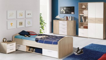 Zestaw mebli do pokoju młodzieżowego w dekorze drewnianym z łóżkiem wyposażonym w szuflady i szafką nocną