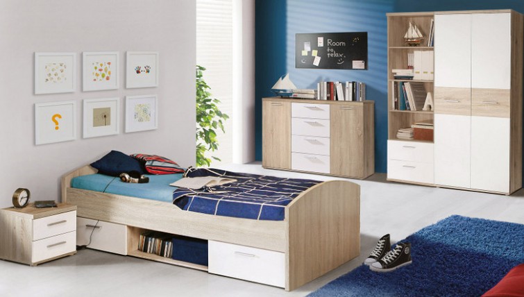 Zestaw mebli do pokoju młodzieżowego w dekorze drewnianym z łóżkiem wyposażonym w szuflady i szafką nocną