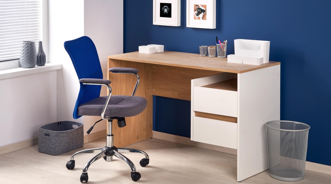 Nowoczesne biurko z szufladami oraz krzesło obrotowe tapicerowane tkaniną