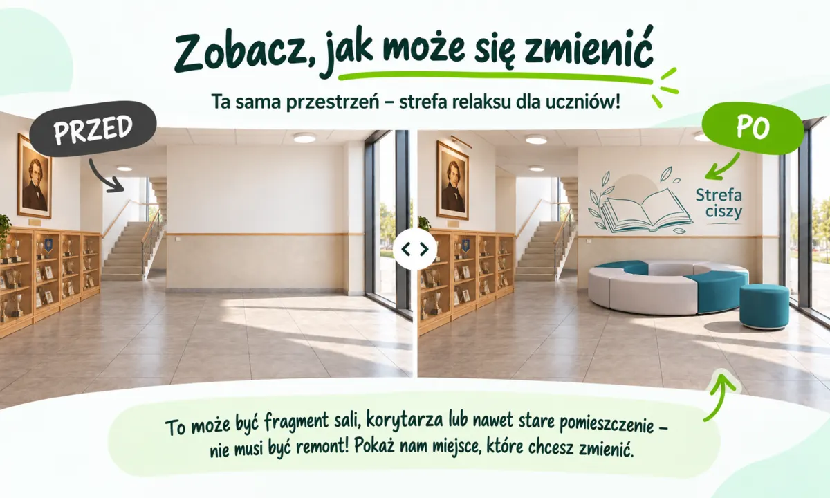Przykład przestrzeni szkolnej przed i po stworzeniu strefy relaksu