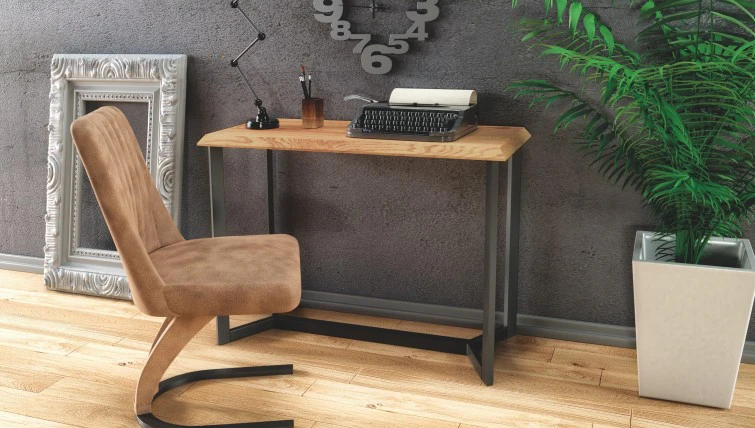 Konsola w stylu loftowym z drewnopodobnym blatem i designerskie krzesło na podstawie w kształcie podkowy