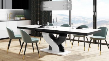Rozkładany stół w połysku inspirowany motywem nieskończoności z tapicerowanymi krzesłami