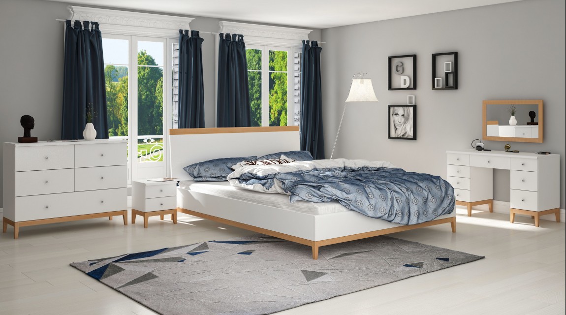 Skandynawskie meble do sypialni w kolorze białym na drewnianych nóżkach