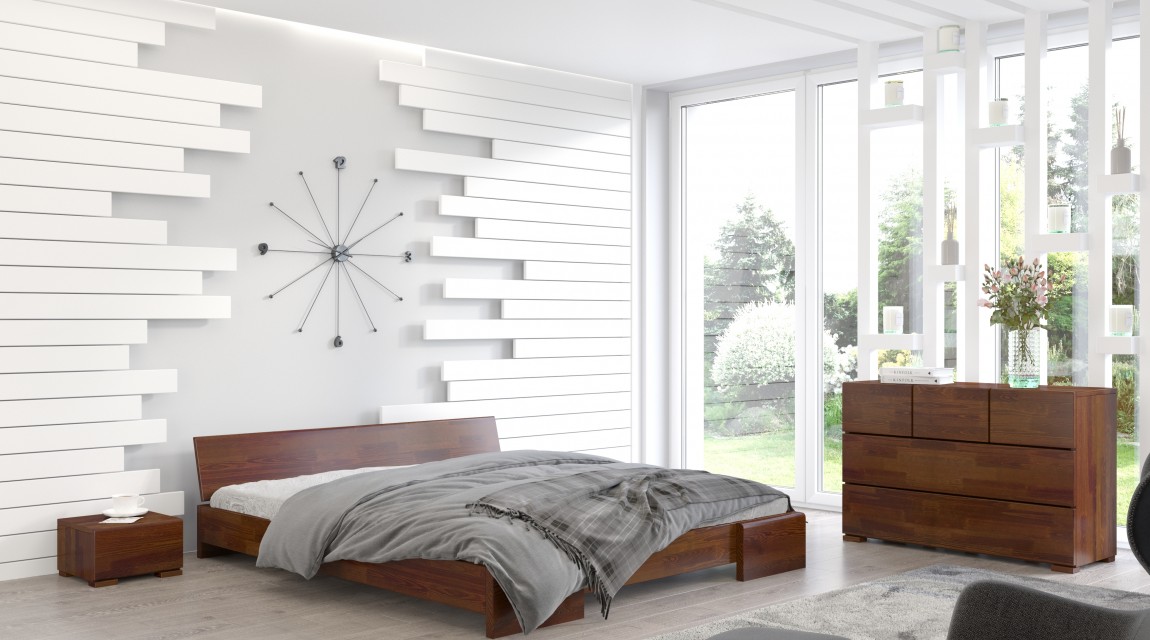 Komplet mebli sypialnianych w ciemnym odcieniu drewna z łóżkiem niskim i pojemną komodą