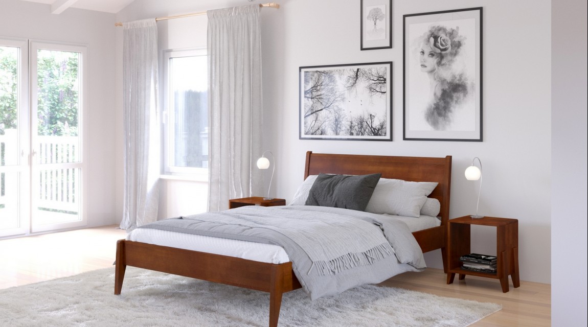 Biała sypialnia z drewnianym łóżkiem i szafką nocną