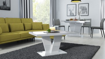 Zestaw mebli salonowych z płyty akrylowej w wysokim połysku i żółtą kanapą