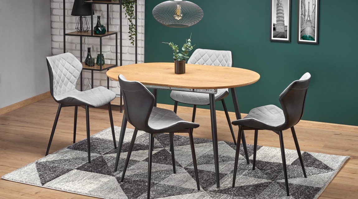 Owalny stół z rozkładanym blatem w stylu loftowym z tapicerowanymi krzesłami