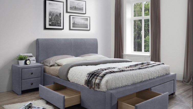 Kontynentalne łóżko z szufladami zestawione z tapicerowanym stolikiem nocnym