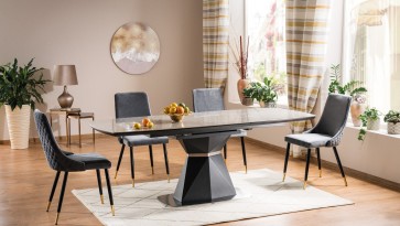 Zestaw mebli do jadalni w stylu nowoczesnym rozkładany stół i tapicerowane krzesła pikowane