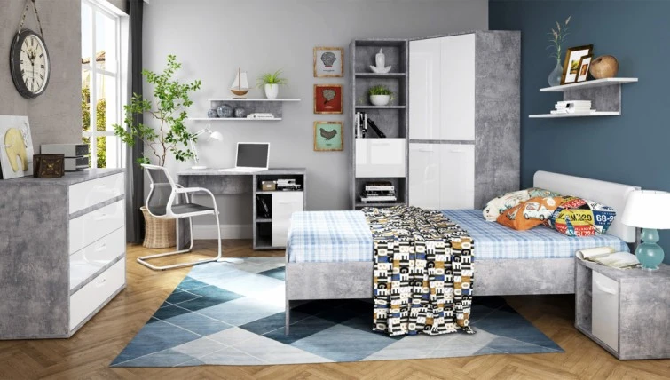 Nowoczesne meble w optyce betonu w stylowej sypialni