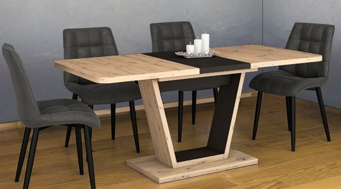 Dwukolorowy stół jadalniany z pikowanymi krzesłami bez podłokietników