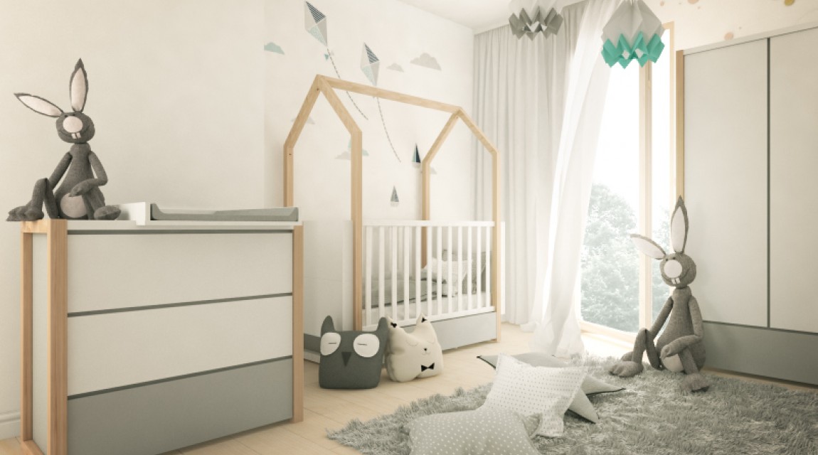 Zestaw mebli z łóżeczkiem w kształcie domku i funkcją tapczanika w pokoju dziecięcym z dużym oknem