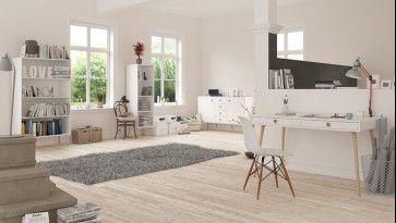Białe regały i biurko na drewnianych nogach w stylu skandynawskim