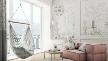 Tapicerowana sofa modułowa w kolorze różowym i biały stolik kawowy