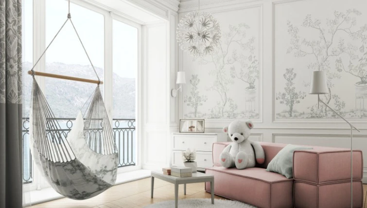 Tapicerowana sofa modułowa w kolorze różowym i biały stolik kawowy