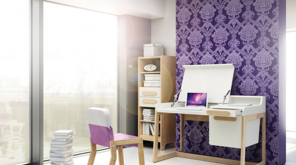 Regał z szufladami oraz biurko z kontenerkiem uzupełnione tapicerowanym krzesłem na drewnianej podstawie