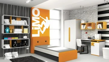 Zestaw białych mebli z pomarańczowymi wstawkami do pokoju młodzieżowego