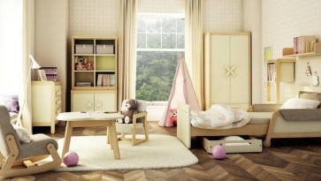 Komplet kremowych mebli do pokoju dziecięcego z rozsuwanym łóżkiem i szafą ubraniową
