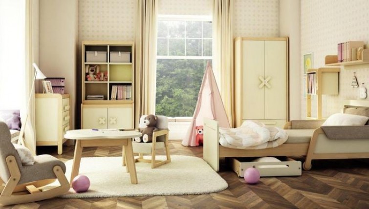 Komplet kremowych mebli do pokoju dziecięcego z rozsuwanym łóżkiem i szafą ubraniową