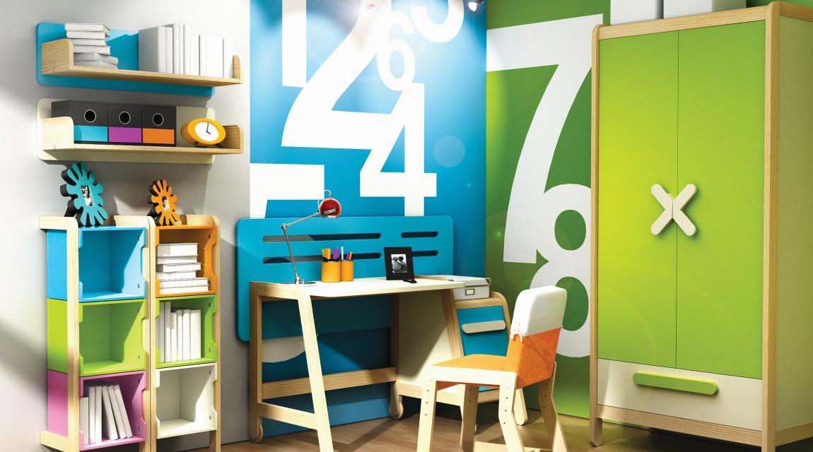 Zestaw kolorowych mebli z dwudrzwiową szafą biurkiem z tapicerowanym krzesłem oraz regałami