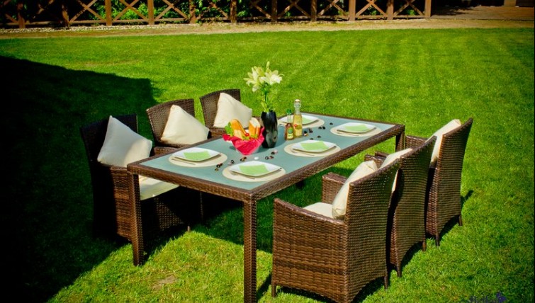 6-osobowy zestaw mebli obiadowych w dużym ogrodzie ze świeżo skoszoną trawą