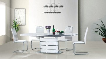 Designerski stół na jednej nodze z rozkładanym blatem i białe tapicerowane krzesła na płozach
