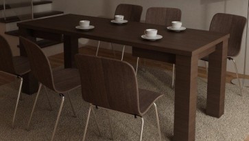 Rozkładany stół na czterech nogach w imitacji drewna i krzesła ze sklejki na metalowych nogach