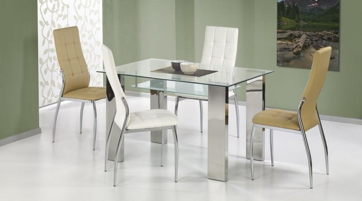 Pikowane krzesła bez podłokietników ze skóry ekologicznej w zestawie ze szklanym stołem