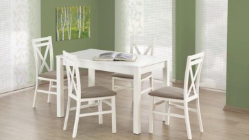 Klasyczny zestaw mebli z nierozkładanym stołem i drewnianymi krzesłami z tapicerowanym siedziskiem