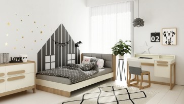Łóżko z tapicerowanym wezgłowiem oraz biurko i fotelik na płozach z litego drewna bukowego