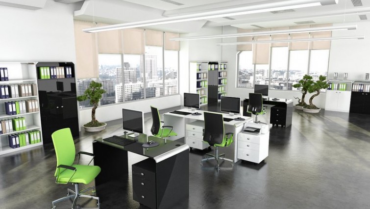 Aranżacja w nowoczesnym biurowcu z białymi i czarnymi meblami w wysokim połysku