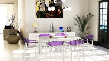 Designerskie krzesła z fioletowymi oparciami i prostokątny biały stół jako uzupełnienie salonu z połyskującą podłogą