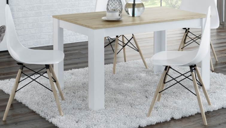 Nierozkładany stół na czterech nogach w stylu skandynawskim i nowoczesne krzesła z tworzywa