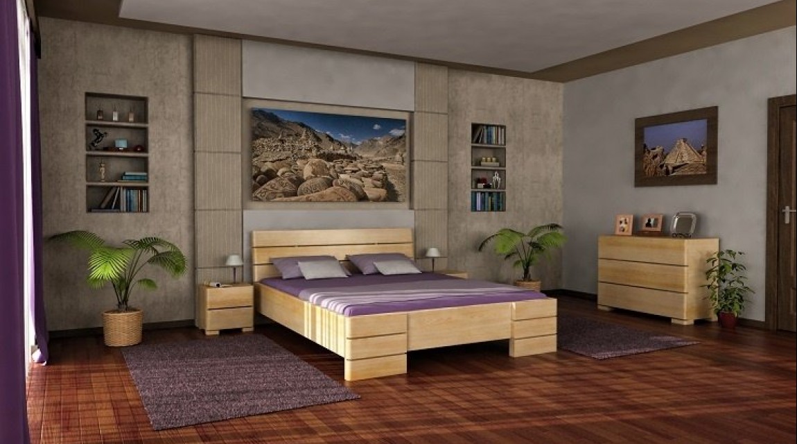 Łóżko z wysokim wezgłowiem i pojemną skrzynią na pościel oraz komoda i szafki nocne z litego drewna sosnowego