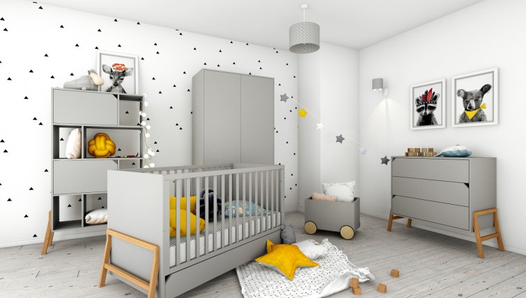 Szare meble w stylu skandynawskim w pokoju dziecięcym z białymi ścianami