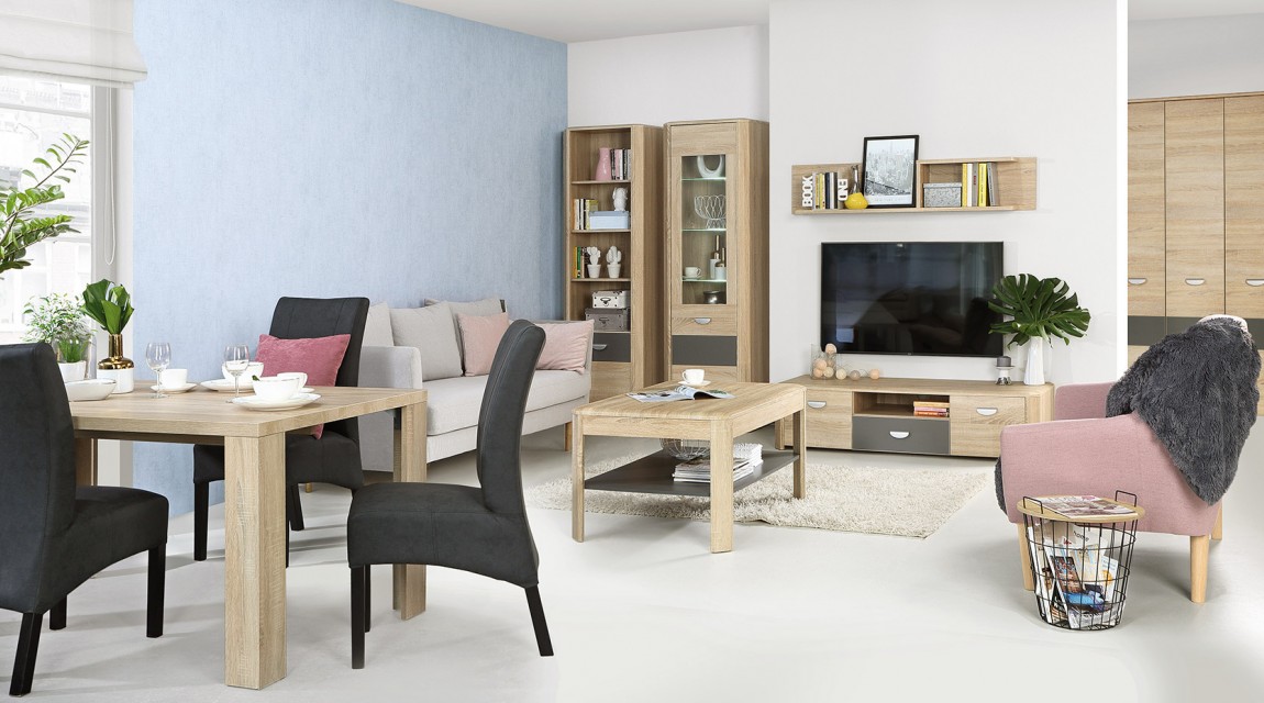 Jadalnia połączona z salonem wyposażona w minimalistyczne meble w dekorze drewnianym