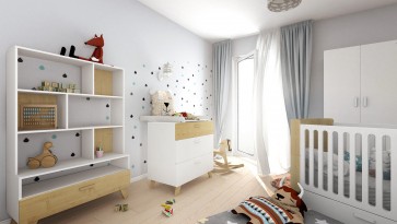 Zestaw skandynawskich mebli do pokoju dziecięcego z łóżeczkiem oraz pojemną szafą ubraniową