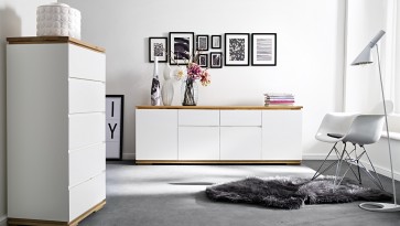 Meble do salonu w kolorze białym z naturalnym drewnianym blatem