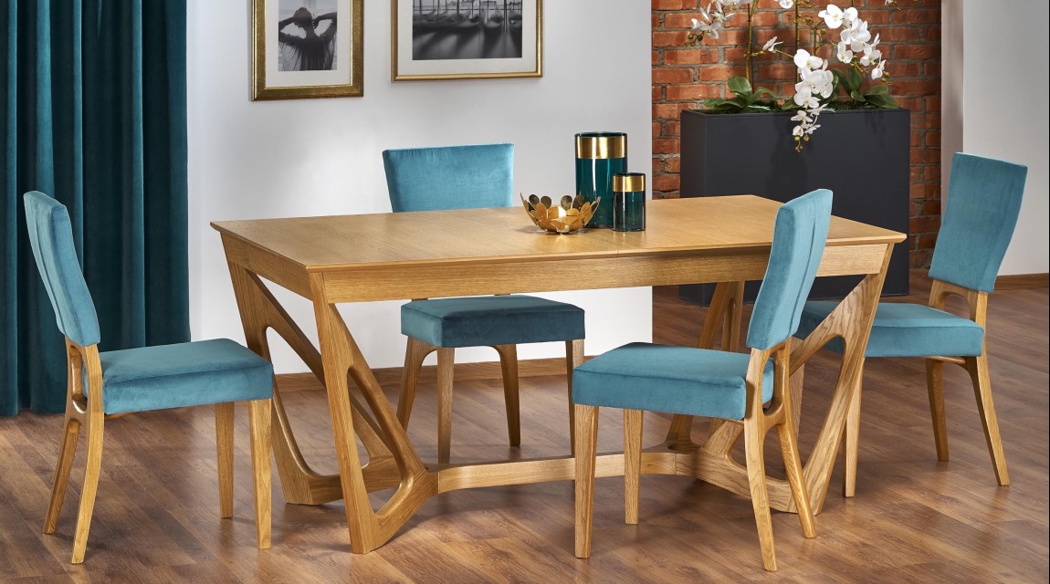 Stół do jadalni na stylowych nogach z prostokątnym blatem oraz tapicerowane krzesła