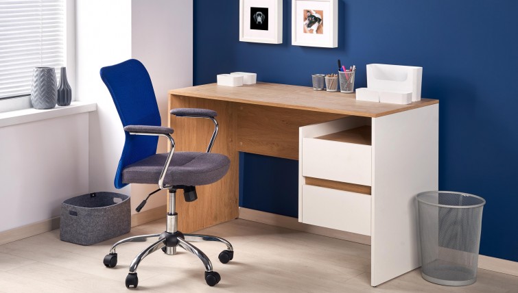 Nowoczesne biurko z szufladami oraz krzesło obrotowe tapicerowane tkaniną