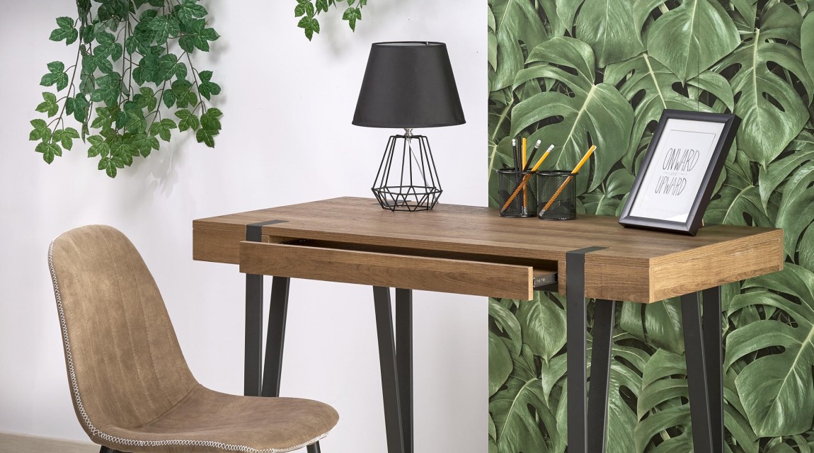 Nowoczesne biurko z szufladą i tapicerowane krzesło w stylu industrialnym