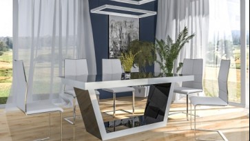 Czarno - biały stół w wysokim połysku rozkładany do 240 cm i nowoczesne krzesła na płozach w ultranowoczesnej jadalni
