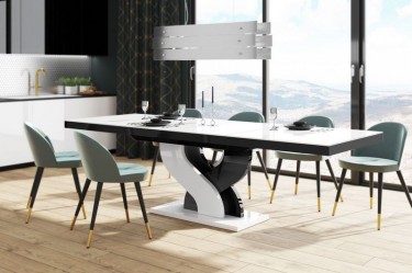 Rozkładany stół w połysku inspirowany motywem nieskończoności z tapicerowanymi krzesłami