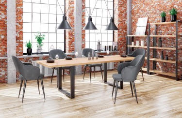 Industrialna jadalnia ze stołem na płozach w towarzystwie tapicerowanych krzeseł