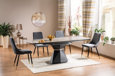 Zestaw mebli do jadalni w stylu nowoczesnym rozkładany stół i tapicerowane krzesła pikowane