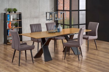 Rozkładany stół w stylu industrialnym z tapicerowanymi krzesłami
