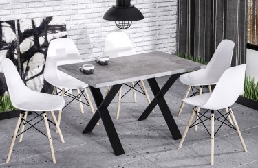 Rozkładany stół w optyce betonu z podstawą w kształcie litery X
