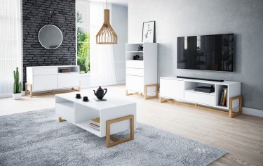 Skandynawskie meble pokojowe w kolorze białym z elementami drewnianymi