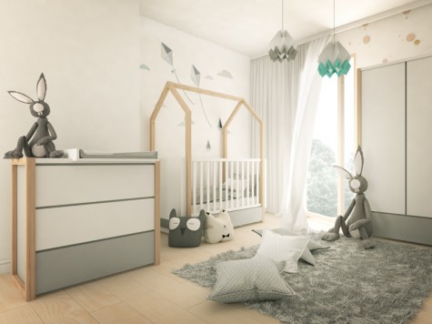 Zestaw mebli z łóżeczkiem w kształcie domku i funkcją tapczanika w pokoju dziecięcym z dużym oknem