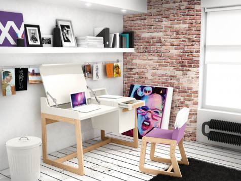 Białe biurko z kontenerkiem oraz tapicerowane różowe krzesło na drewnianych płozach